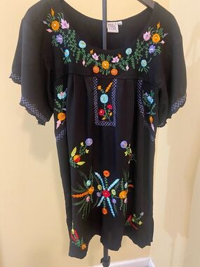 Black Embroidered Floral Peasant Dress